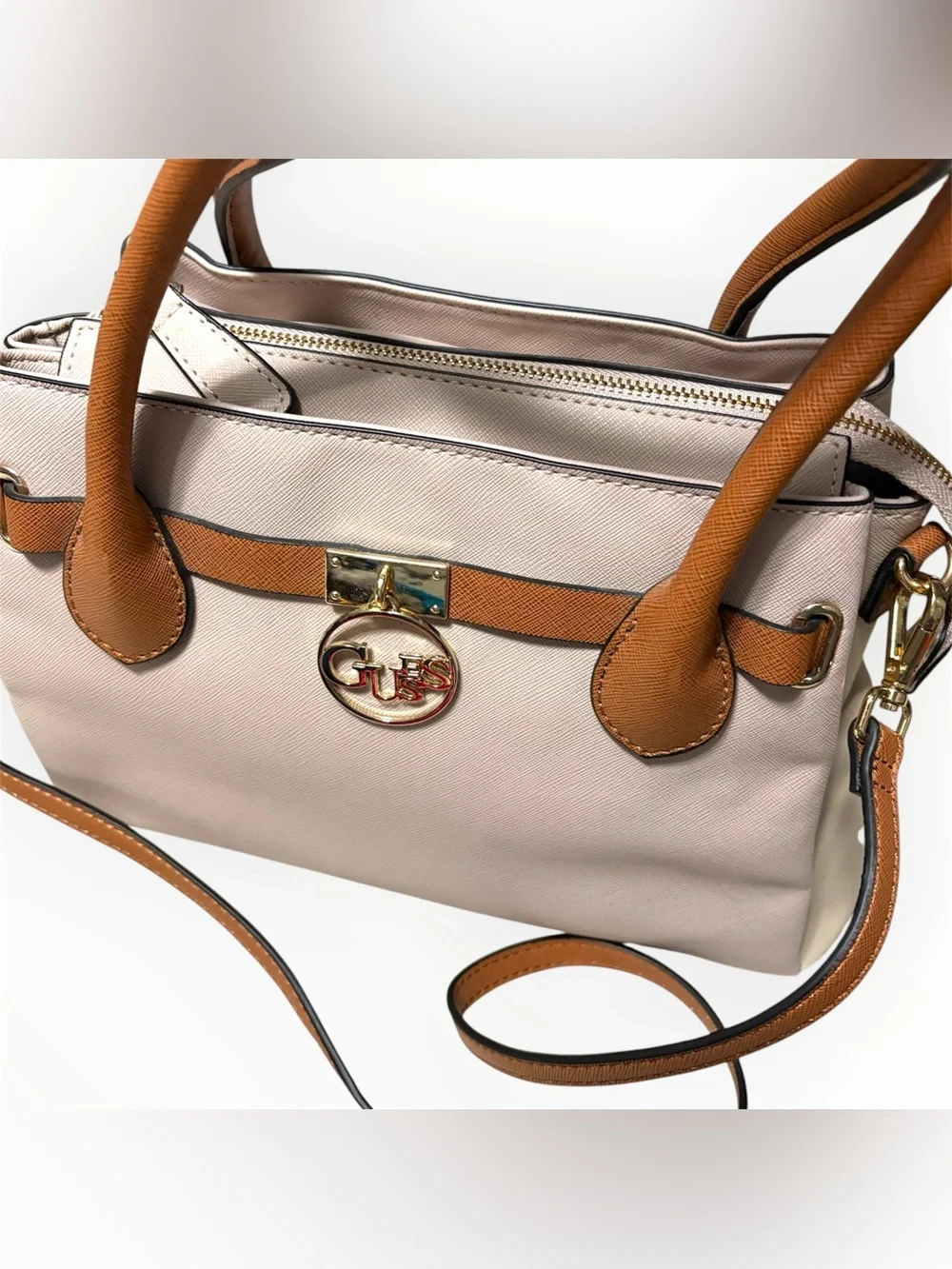 GUESS Beige & Tan Saffiano Satchel with Gold Logo Accent